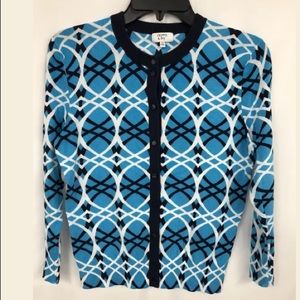Crown Ivy‎ Blue White Black Geometric Print Button Front Cardigan Sweater S